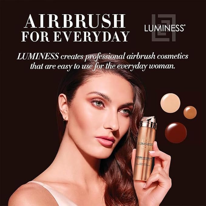 LUMINESS Silk Airbrush Spray Foundation & Buffing Brush Kit – Full Coverage Foundation & Dual-Sided Buffing Brush - Buildable Coverage, Anti-Aging Formula Hydrates & Moisturizes (Shade - Tan)