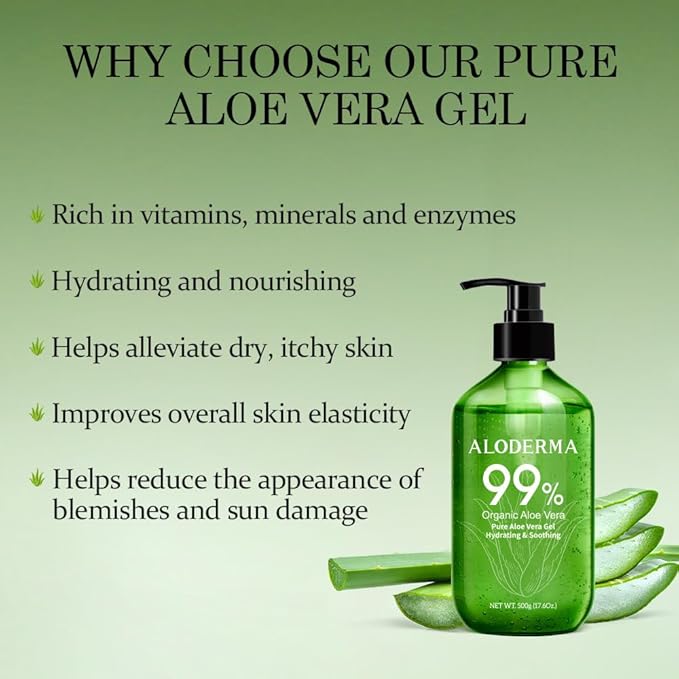 Aloderma 99% Organic Pure Aloe Vera Gel Made within 12 Hours of Harvest, 17.6oz Value Pump, Lightweight Non-Sticky Aloe Vera Gel for Sunburn Relief, Natural, Soothing Aloe Vera for Face & Hair, 6-Pack