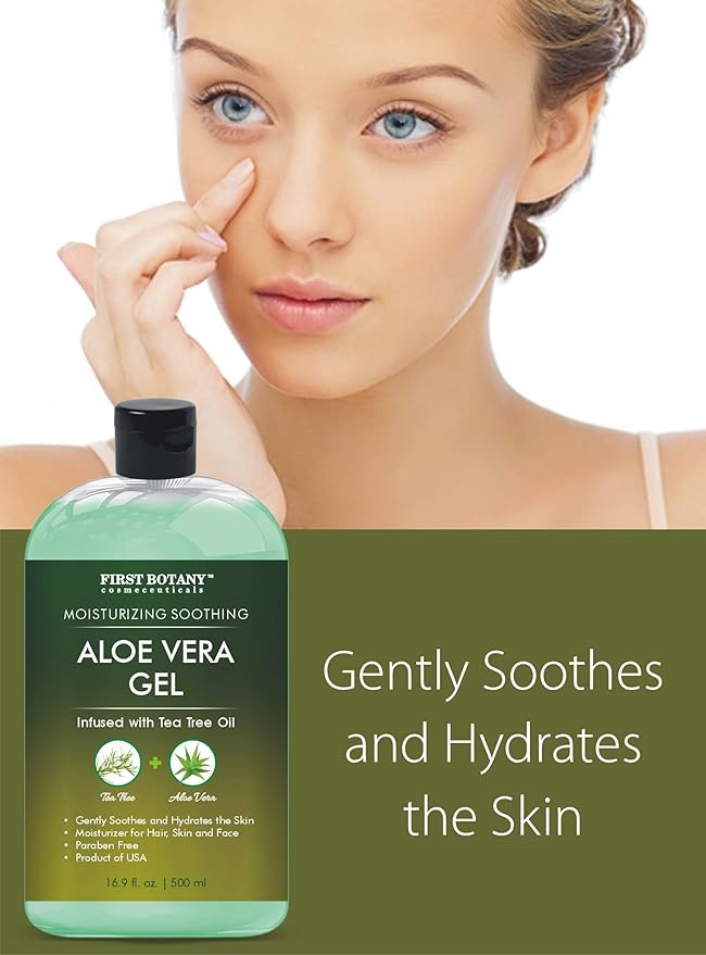 First Botany, Aloe Vera Gel from 100 Percent Pure Aloe Infused with Tea Tree Oil - Natural Raw Moisturizer for Hand Sanitizing Gel, Skin Care, Hair Care, Sunburn, Acne & Eczema -16.9 fl oz | 500 ml