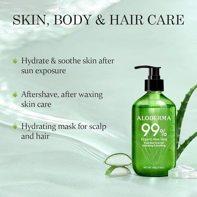 Aloderma 99% Organic Pure Aloe Vera Gel Made within 12 Hours of Harvest, 17.6oz Value Pump, Lightweight Non-Sticky Aloe Vera Gel for Sunburn Relief, Natural, Soothing Aloe Vera for Face & Hair, 6-Pack