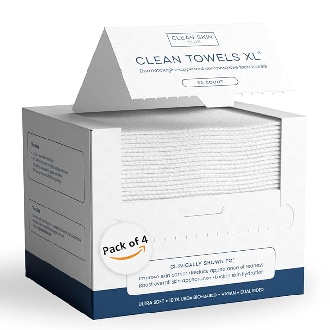 Clean Skin Club Clean Towels XL™, USDA Certified 100% Biobased Dermatologist Approved Face Towel, Disposable Makeup Remover Dry Wipes, Facial Wash (4 pack)