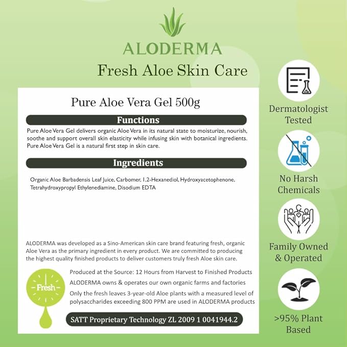 Aloderma 99% Organic Pure Aloe Vera Gel Made within 12 Hours of Harvest, 17.6oz Value Pump, Lightweight Non-Sticky Aloe Vera Gel for Sunburn Relief, Natural, Soothing Aloe Vera for Face & Hair, 6-Pack