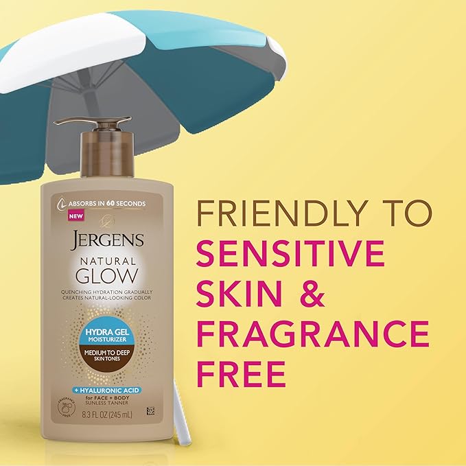 Jergens Natural Glow Hydra Gel Moisturizer, Gradual Tanning Lotion with Hyaluronic Acid, Hydrating Tanning Gel, Fragrance-Free Self Tanner, Medium to Deep Skin Tones 8.3 Fl Oz