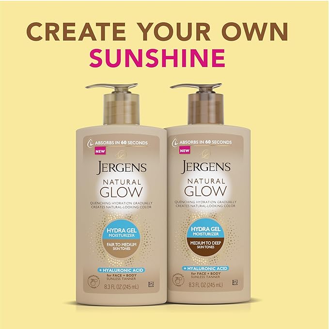 Jergens Natural Glow Hydra Gel Moisturizer, Gradual Tanning Lotion with Hyaluronic Acid, Hydrating Tanning Gel, Fragrance-Free Self Tanner, Medium to Deep Skin Tones 8.3 Fl Oz