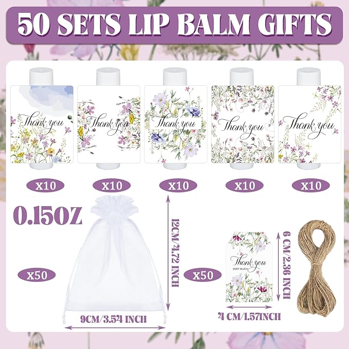50 Set Employee Appreciation Gifts Bulk Baby Shower Favors Lip Balms Bulk Thank You Gifts Wedding Bridal Shower Bachelorette Gifts Prizes for Guests Women Teacher Coworker Nurse(Wildflower)