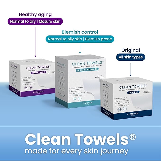Clean Skin Club Clean Towels XL™ Supreme, 100% USDA Biobased Dermatologist Approved Face Towel, Gentle Exfoliation, Disposable Facial Washcloth, Makeup Remover Dry Wipes, 50 Count