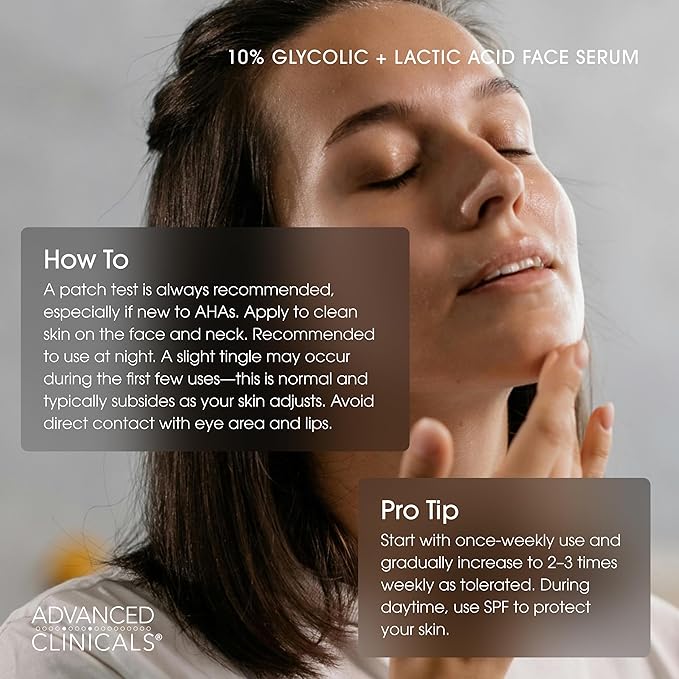 Advanced Clinicals 10% Glycolic Acid + Lactic Acid Body Lotion Moisturizer + AHA Glycolic Acid Face Serum 2pc Exfoliating Skincare Set To Reduce Look Of Uneven Rough Skin Texture, Fragrance Free, 2pc