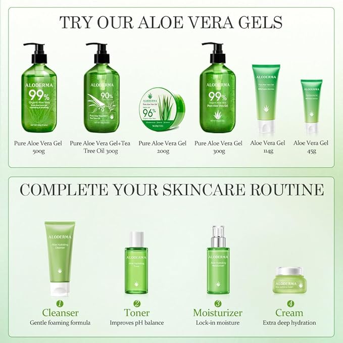 Aloderma 99% Organic Pure Aloe Vera Gel Made within 12 Hours of Harvest, 17.6oz Value Pump, Lightweight Non-Sticky Aloe Vera Gel for Sunburn Relief, Natural, Soothing Aloe Vera for Face & Hair, 6-Pack