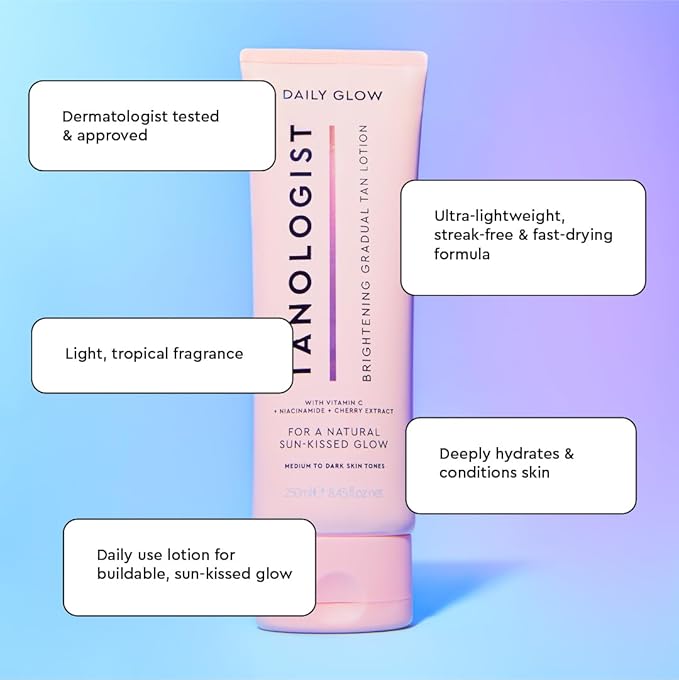 Tanologist Brightening Daily Glow Body Lotion- Light/Medium, Gradual Tanning Lotion, No Fake Tan Smell, Streak-Free & Natural Looking Self Tanner, Vegan, 8.45 fl. oz/250 ml Tube