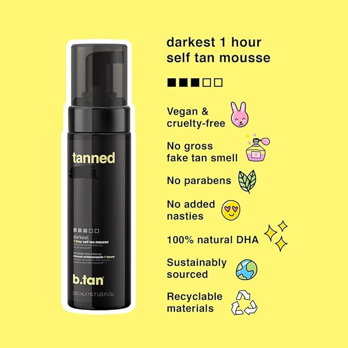 b.tan Dark Self Tanner Kit | Get Tanned Bundle - Self Tanner Mousse w/Tanning Mitt Applicator, 1 Hour Sunless Tanner, Fast Glow, No Fake Tan Smell, Vegan, Cruelty Free, 6.7 Fl Oz