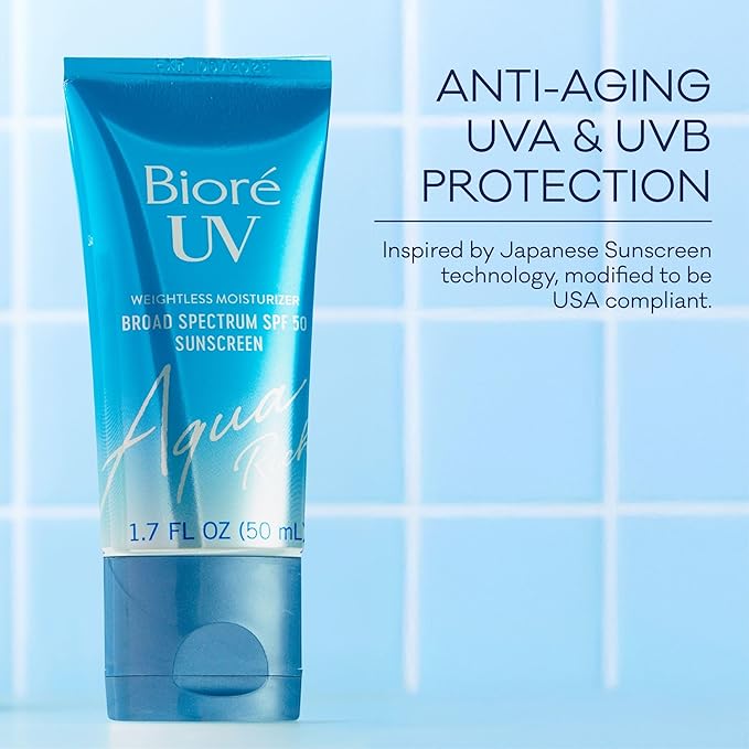 Bioré UV Aqua Rich Daily Hydrating Facial Moisturizer with SPF 50 | Oil Free Sunscreen & Primer for Makeup with Hyaluronic Acid, No White Cast, Non-Comedogenic, For Sensitive Skin, PA++++, 1.7 Oz