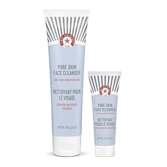 First Aid Beauty - Pure Skin Face Cleanser, Effectively Removes Makeup, Dirt, & Impurities, Gentle Cleanser Leaves Skin Soft & Supple, Safe for Sensitive Skin, Fragrance Free, 5 oz + Travel Size, 2ct