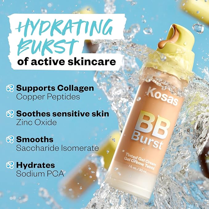 Kosas BB Burst Tinted Face Gel Cream - Supports Healthy Collagen, Smoothes Skin, Hydrates & Moisturizes - Lightweight Buildable Coverage - Medium Tan Warm 25, (1 Oz/30 ML)