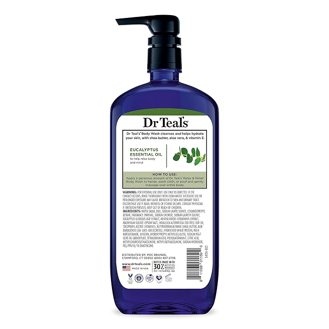 Dr Teal's Body Wash with Pure Epsom Salt, Relax & Relief with Eucalyptus & Spearmint, 24 fl oz (Pack of 4) (Packaging May Vary)